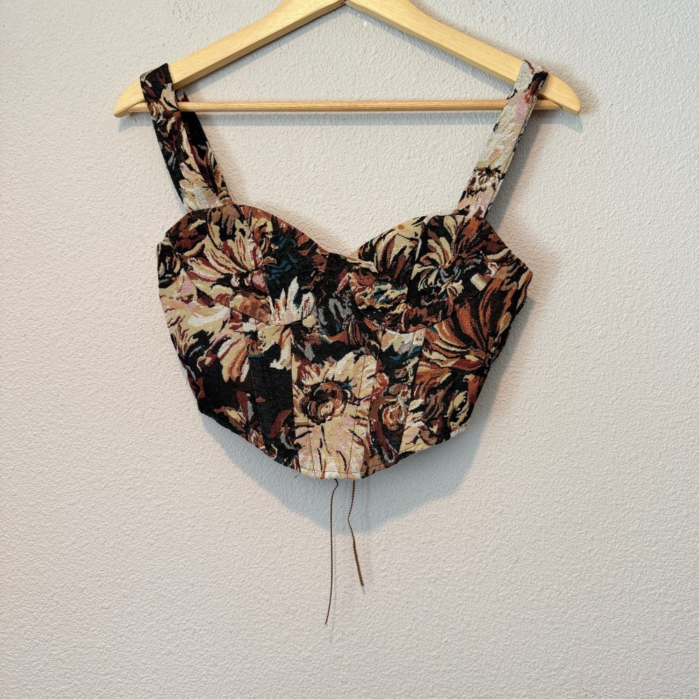 SHEIN Floral Tapestry Corset Top XS Lace Up Back Bustier Crop sz2509096177101